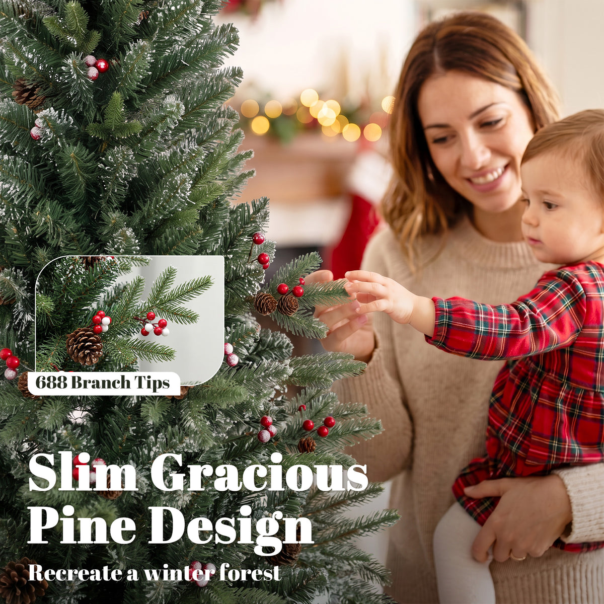 Slim Gracious Pine Xmas Tree with 688 Branch Tips, Green