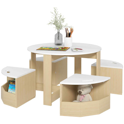 Kids Table and Chairs Set, Five-Piece Childrens Table and Chair Set with Storage, Children Activity Table for Ages 3-8 Years, White