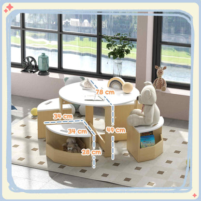 Kids Table and Chairs Set, Five-Piece Childrens Table and Chair Set with Storage, Children Activity Table for Ages 3-8 Years, White