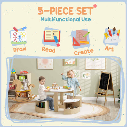 Kids Table and Chairs Set, Five-Piece Childrens Table and Chair Set with Storage, Children Activity Table for Ages 3-8 Years, White