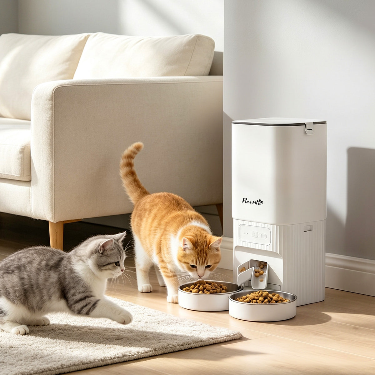 7L Automatic Cat Feeder with App Control, Timer and 2 Bowls - White