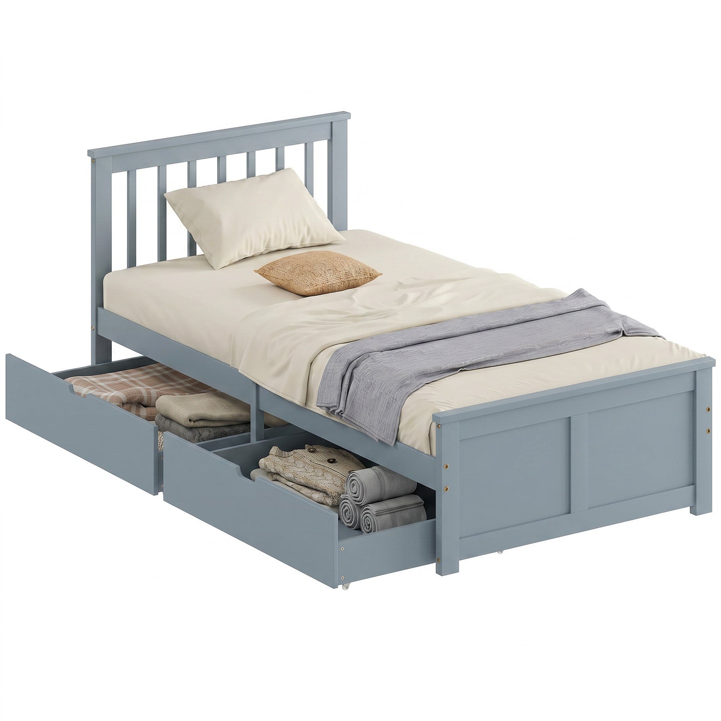 Storage Bed with 2 Drawers, Headboard, Wood Slat Support, Grey
