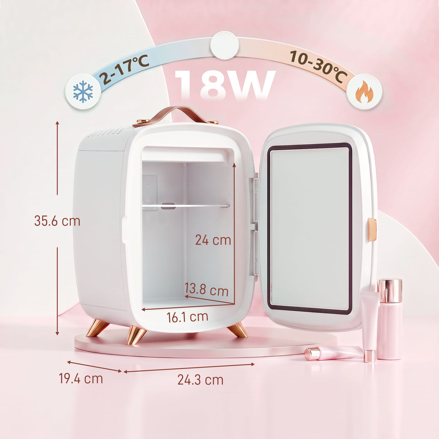 Skincare Refrigerator with LED Mirror, Cooling Function, White