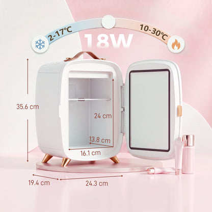 Skincare Refrigerator with LED Mirror, Cooling Function, White
