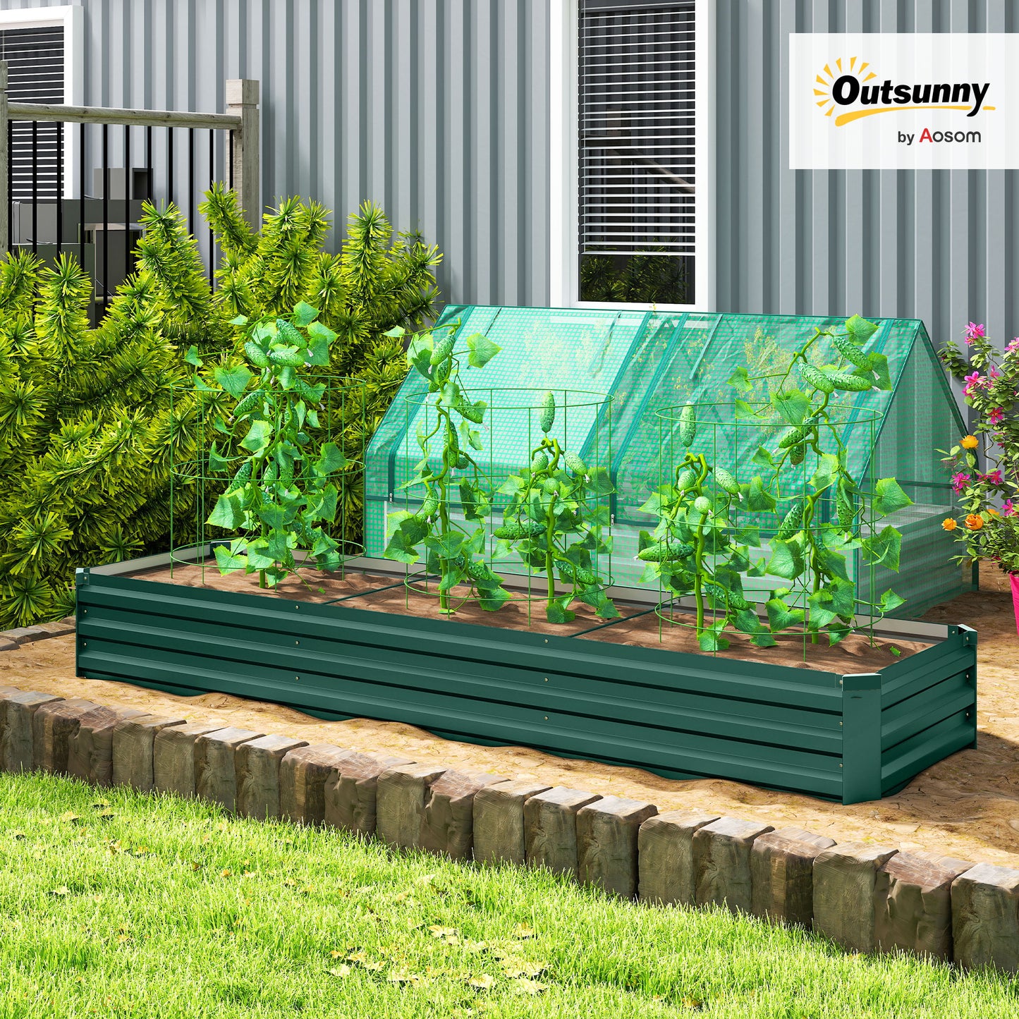 Galvanised Raised Bed for Garden, Rectangular Outdoor Elevated Planter Box with Safety Edging and Open Bottom for Growing Flowers, Herbs and Vegetables, 240 x 60 cm, Green