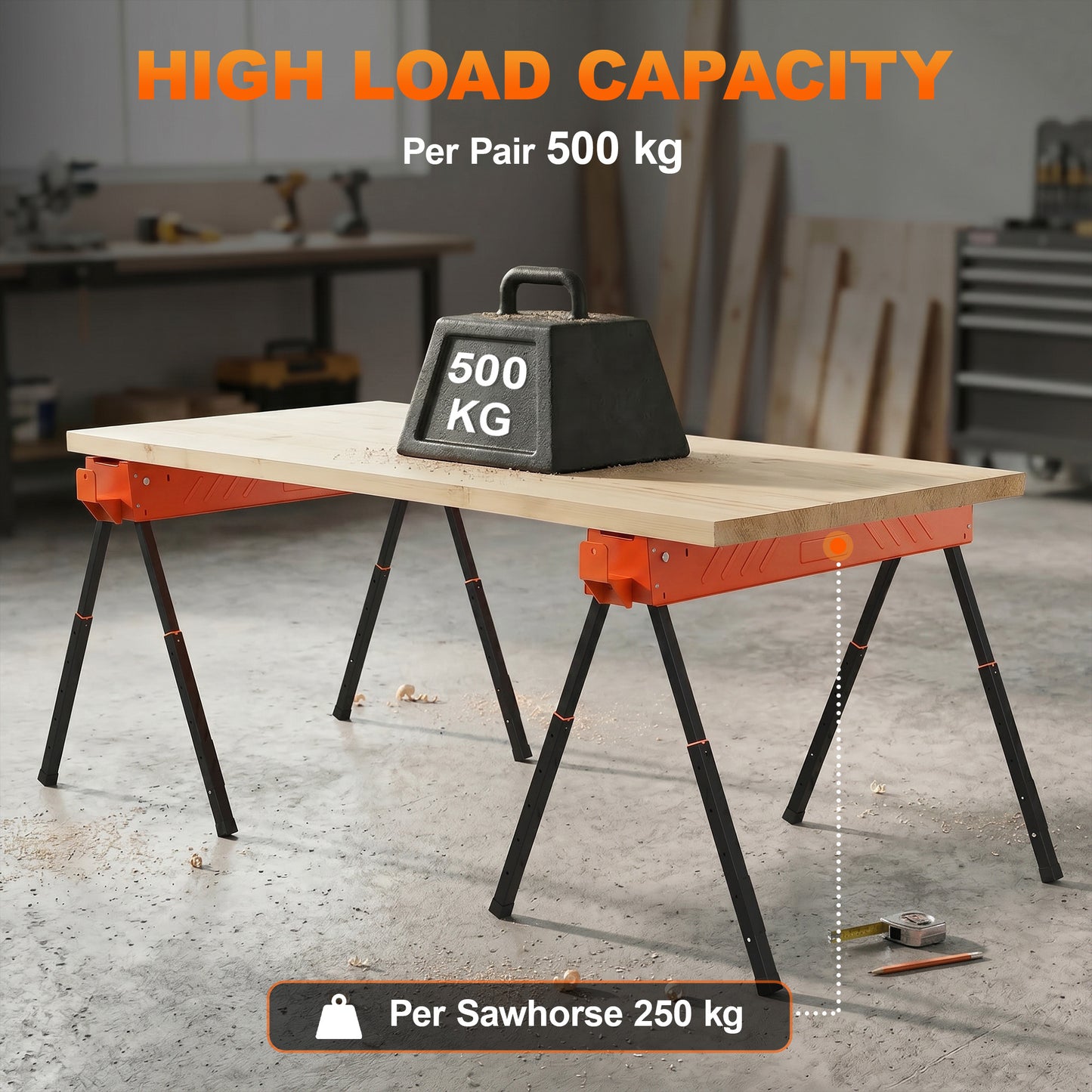 Saw Horses Twin Pack, Folding Work Bench Sawhorses with Height Adjustable Legs, 2x4 Bracket, Carry Handle, Non-Slip Feet for Woodworking, Carpenter, DIY, Supports Up to 500 kg, Orange