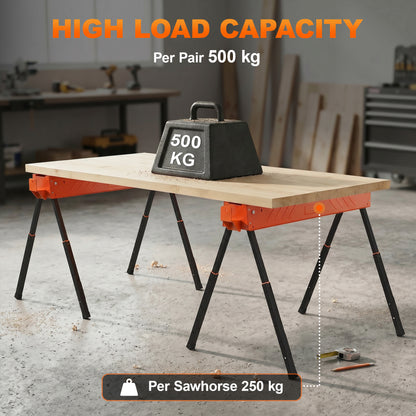 Saw Horses Twin Pack, Folding Work Bench Sawhorses with Height Adjustable Legs, 2x4 Bracket, Carry Handle, Non-Slip Feet for Woodworking, Carpenter, DIY, Supports Up to 500 kg, Orange