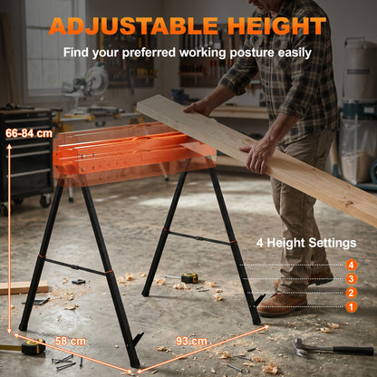 Saw Horses Twin Pack, Folding Work Bench Sawhorses with Height Adjustable Legs, 2x4 Bracket, Carry Handle, Non-Slip Feet for Woodworking, Carpenter, DIY, Supports Up to 500 kg, Orange