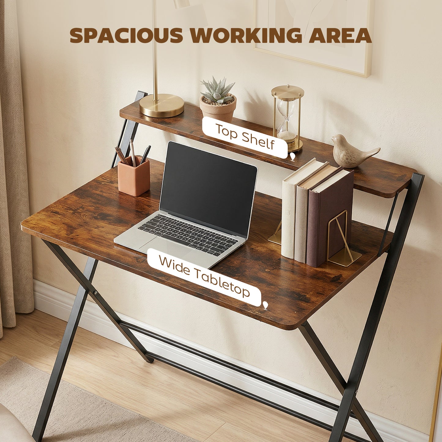 Folding Desk with 2-Tier Shelf for Home Office, Rustic Brown