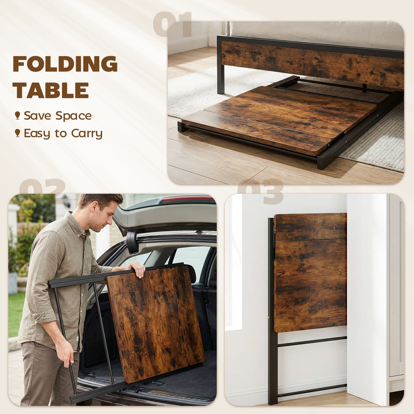 Folding Desk with 2-Tier Shelf for Home Office, Rustic Brown