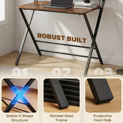 Folding Desk with 2-Tier Shelf for Home Office, Rustic Brown