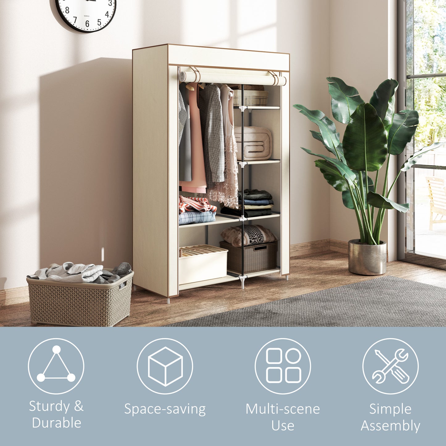 Fabric Wardrobe w/ Shelves Hanging Rail Foldable Closets Cream