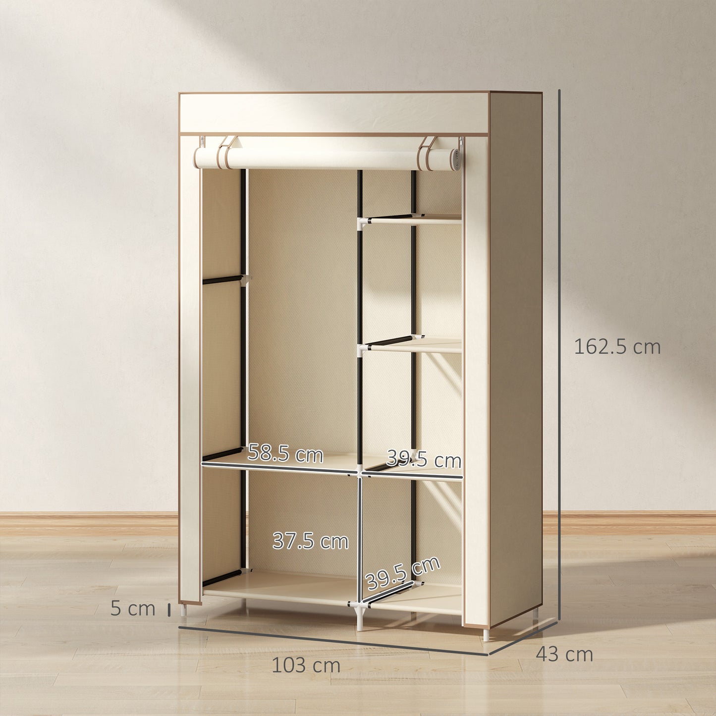 Fabric Wardrobe w/ Shelves Hanging Rail Foldable Closets Cream