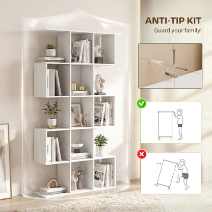 Geometric Bookshelf, 5-Tier S Shaped Bookcase, White Wood Effect