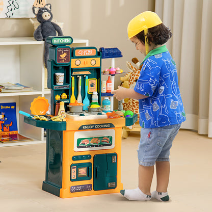 AIYAPLAY Toy Kitchen, 77 Pieces Kids Play Kitchen Role Playing Game with Sound and Light, Water Spray, Running Water