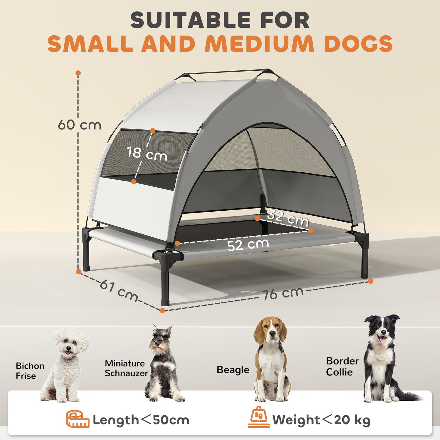 Portable Elevated Dog Bed with Removable Canopy, 76 x 61 x 60 cm