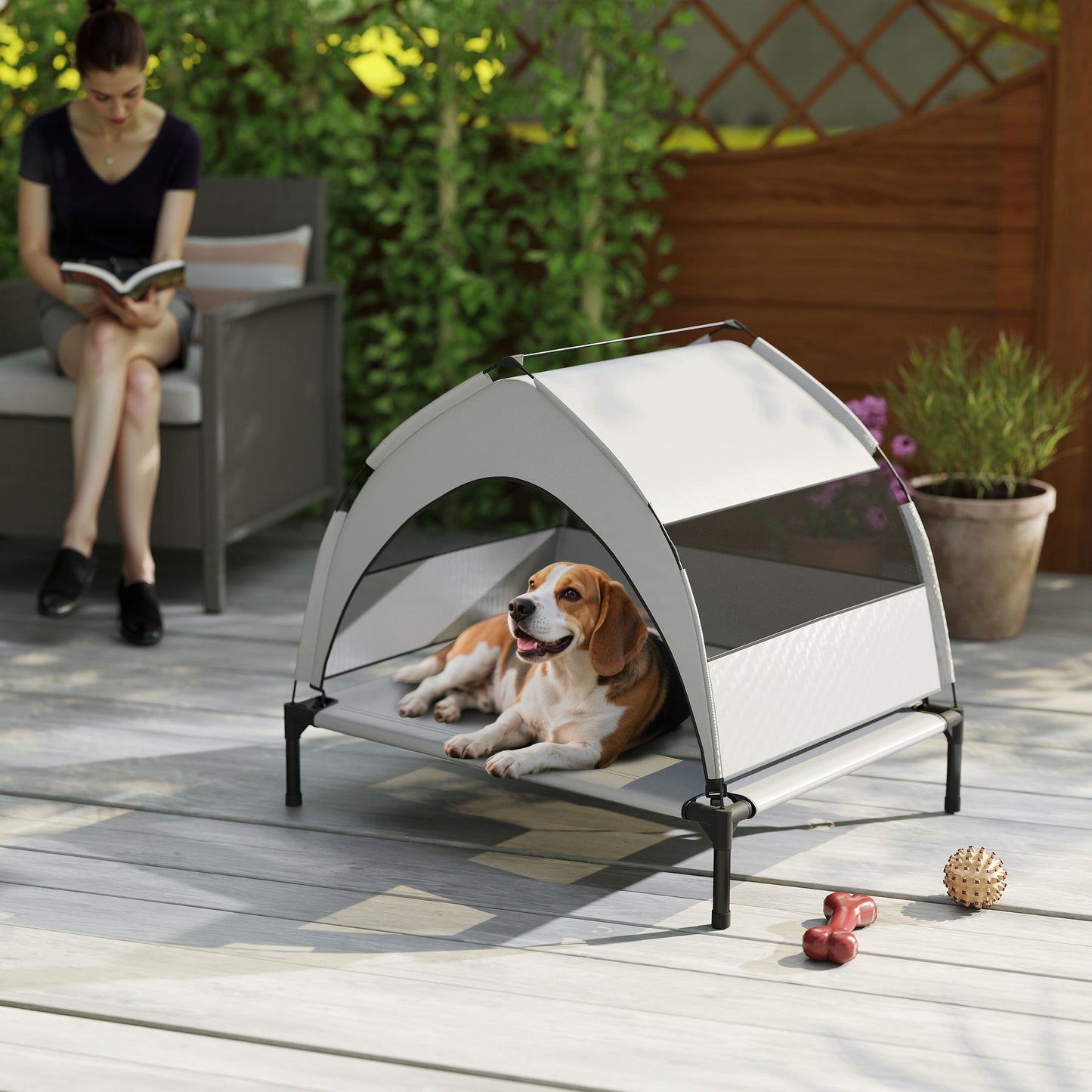 Portable Elevated Dog Bed with Removable Canopy, 76 x 61 x 60 cm