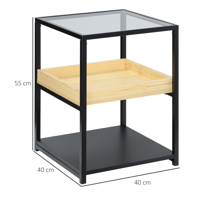 Glass Top Side Table, 3-Tier End Table with Storage Shelves, Nightstand with Steel Frame for Bedroom