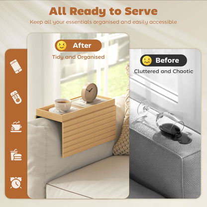 Bamboo Sofa Arm Tray, Foldable Anti-Slip Armrest Tray for Drinks