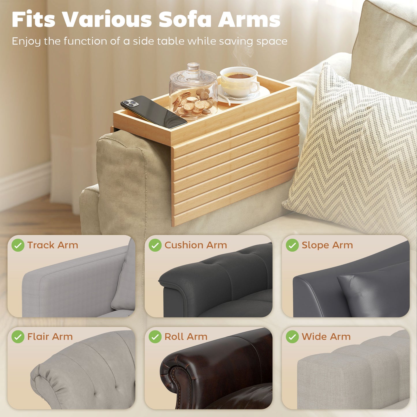 Bamboo Sofa Arm Tray, Foldable Anti-Slip Armrest Tray for Drinks