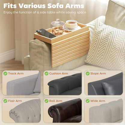 Bamboo Sofa Arm Tray, Foldable Anti-Slip Armrest Tray for Drinks
