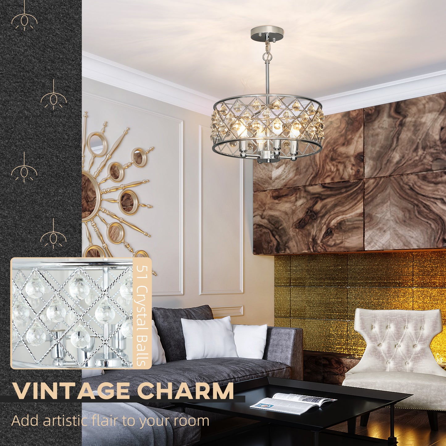 Ceiling Light with Adjustable Height, Modern Crystal Chandelier