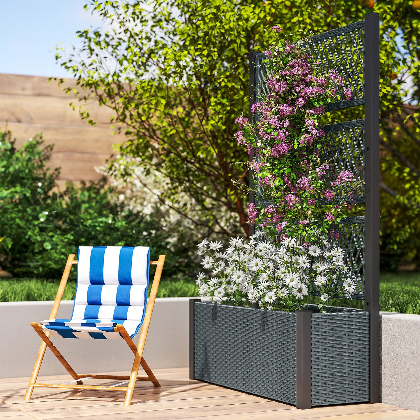 Garden Planter Box with Trellis, Rattan Raised Bed, Charcoal Grey