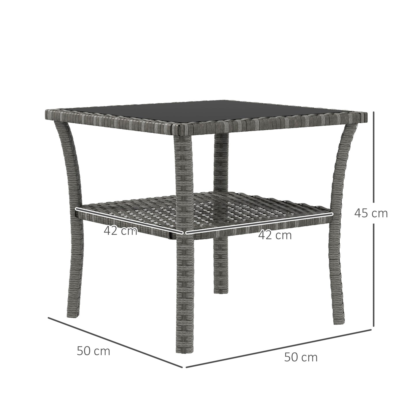 50cm Outdoor PE Rattan Coffee Table, Patio Wicker Two-tier Side Table with Glass Top, for Patio, Garden, Balcony, Grey