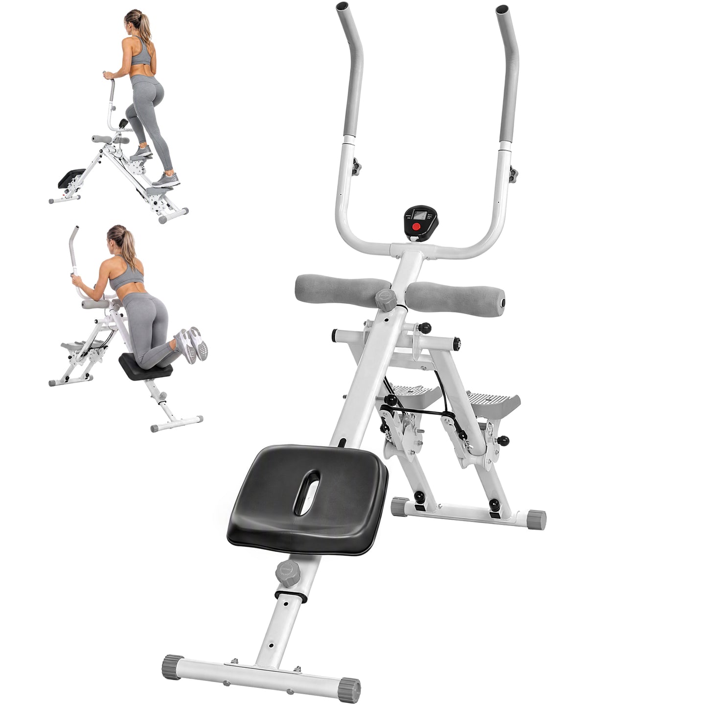2-in-1 Ab Machine and Stair Stepper, Foldable Ab Trainer and Climbing Machine with LCD Monitor, Height Adjustable Abdominal Cruncher for Home Gym Core Strength Training, White