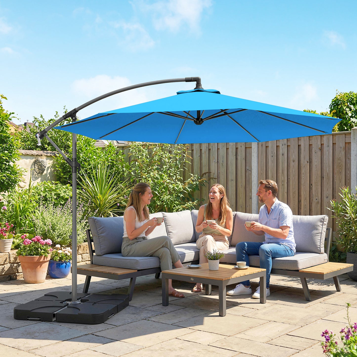 3(m) Banana Parasol Cantilever Umbrella Garden w/ Base Weights - Blue