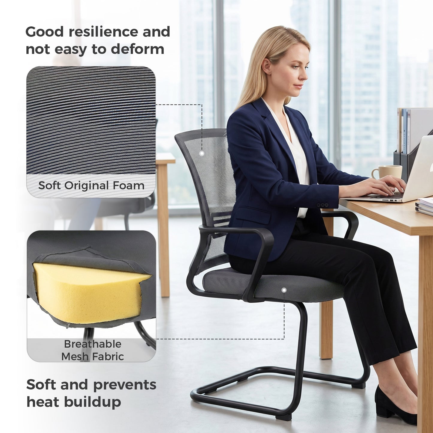 Padded Meeting Office Chair with Sled Base, No Wheels, Dark Grey