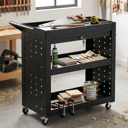 3-Tier Shelf Tool Cart with Pegboards and Drawer, Storage Trolley Wheel Cart with Brakes for Garage Workshop Warehouse, Black