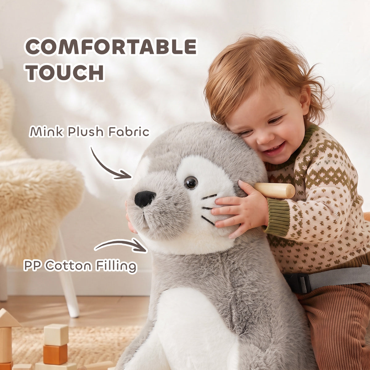 Plush Rocking Seal with Sounds and Safety Belt - Grey & White