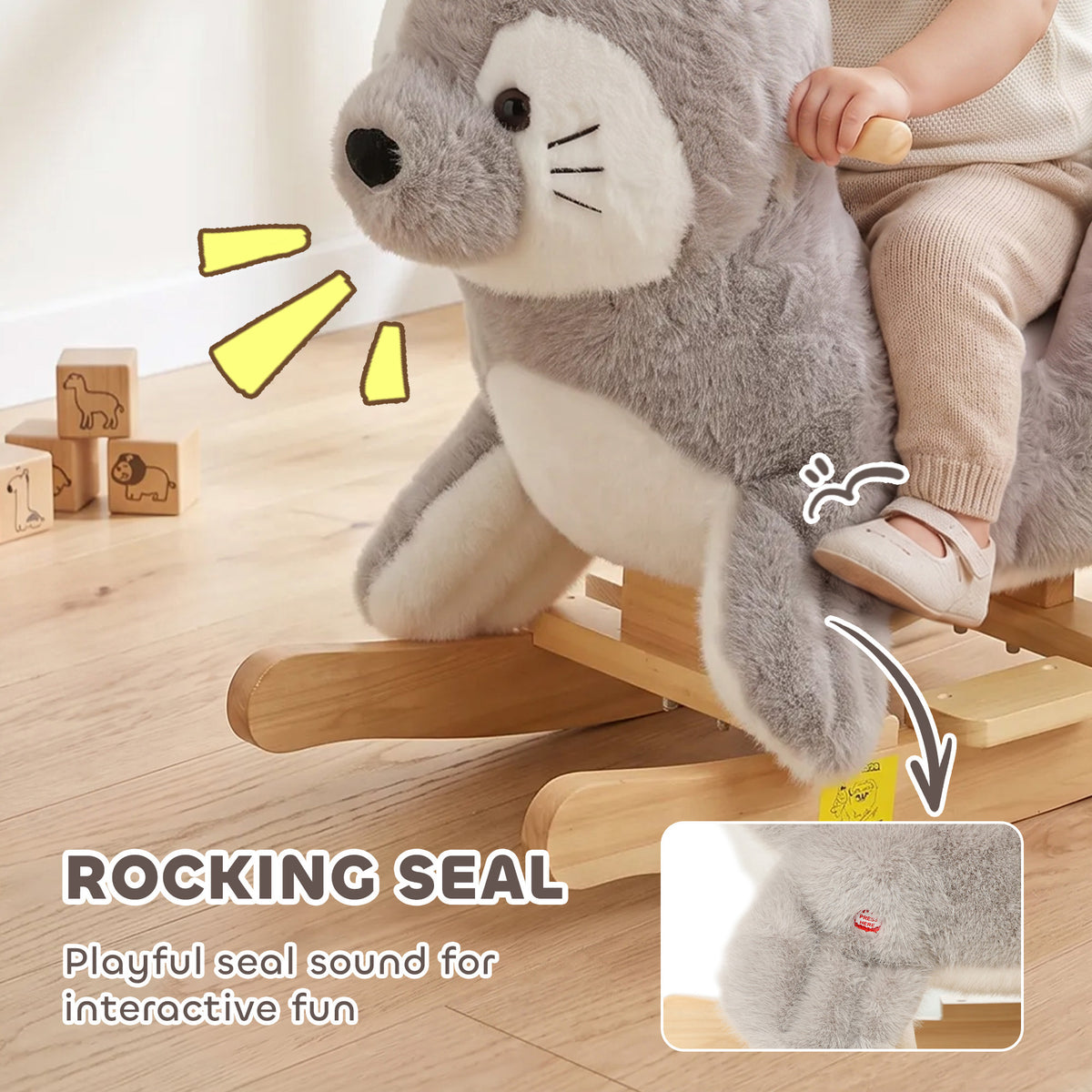 Plush Rocking Seal with Sounds and Safety Belt - Grey & White
