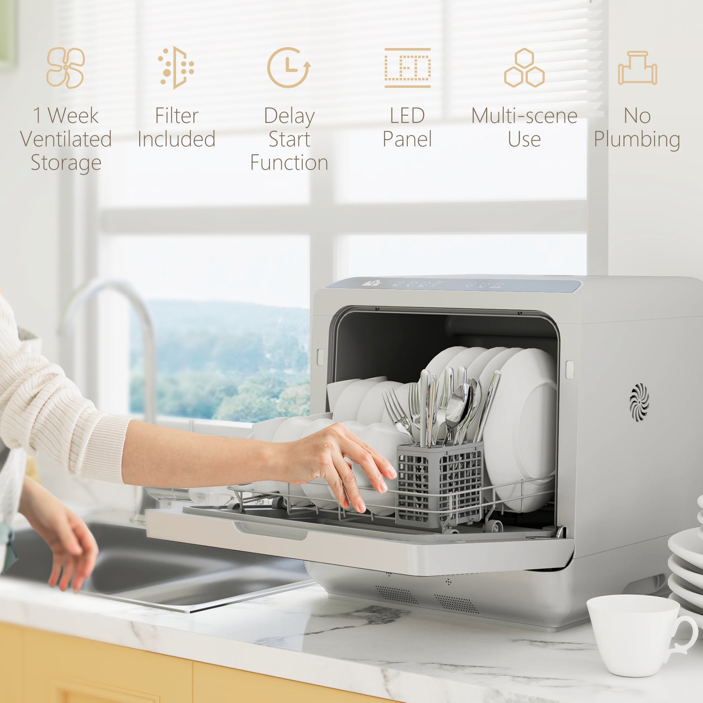 Worktop Dishwasher w/ 4 Place Settings 6 Programs, Silver Tone