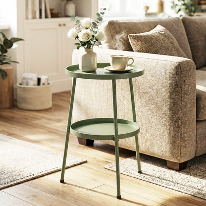 Patio Side Table, 2-Tier Round Coffee End Table, Light Green