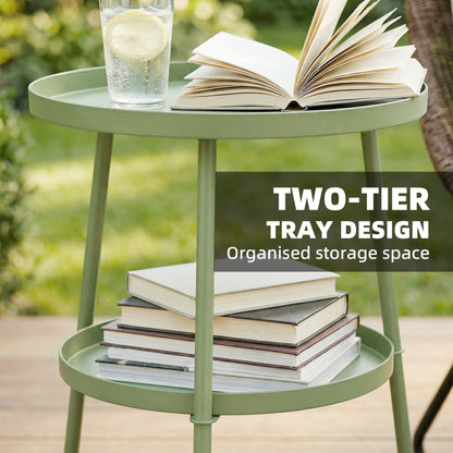 Patio Side Table, 2-Tier Round Coffee End Table, Light Green