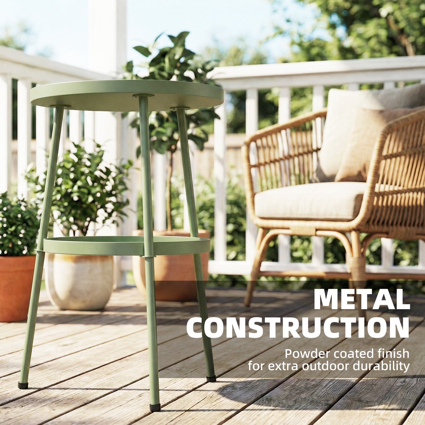 Patio Side Table, 2-Tier Round Coffee End Table, Light Green