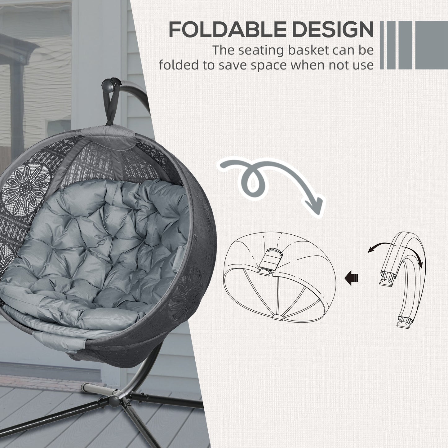 Hanging Swing Chair w/ Metal Stand & Side Pocket, Charcoal Grey