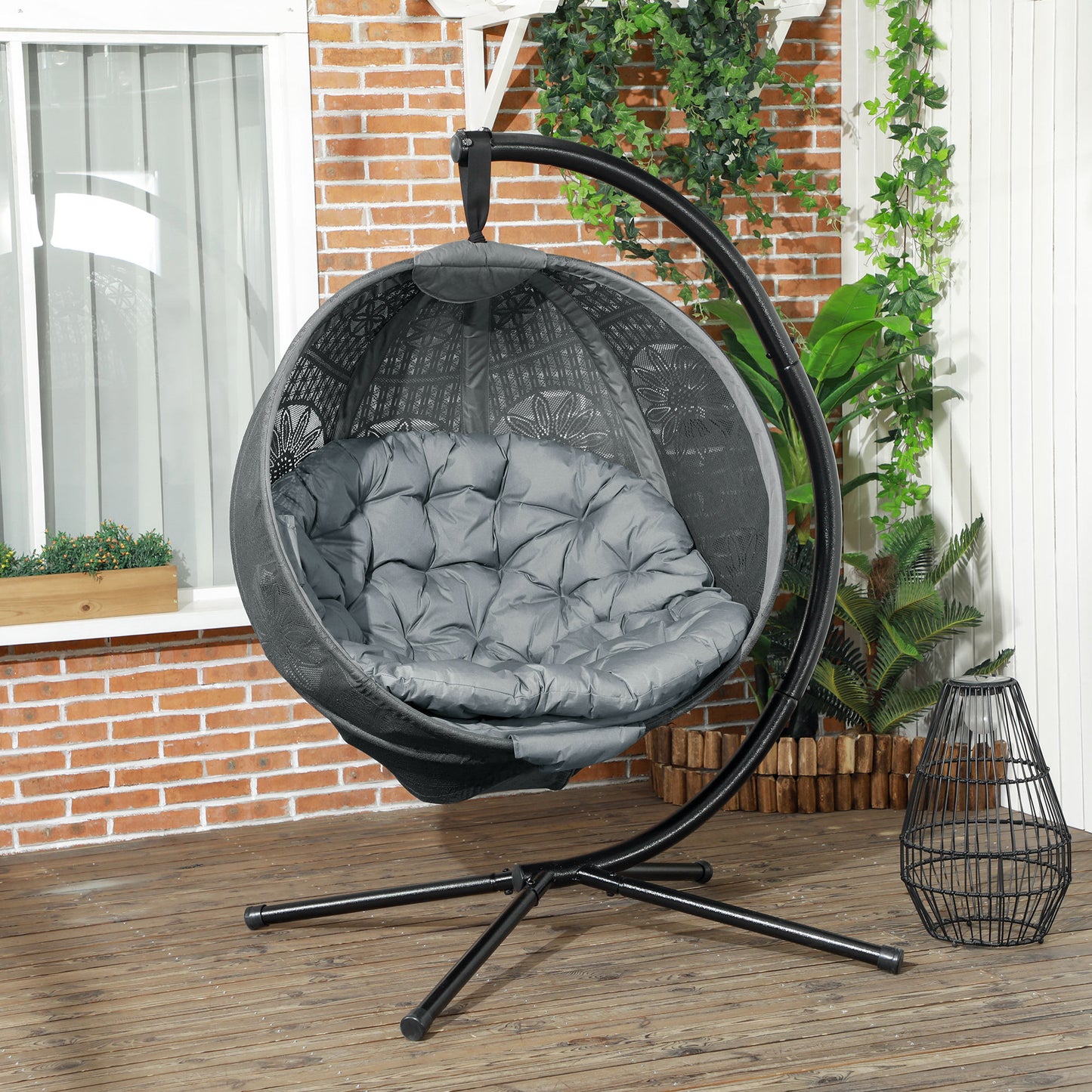 Hanging Swing Chair w/ Metal Stand & Side Pocket, Charcoal Grey