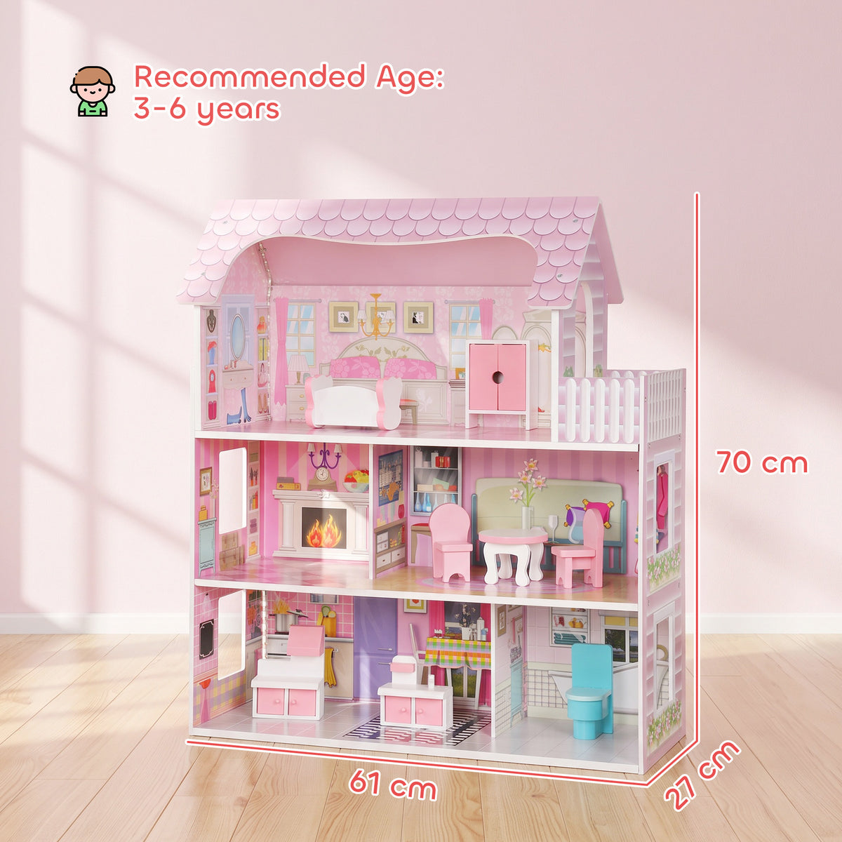 3-Storey Dolls' House with LED Lighting and 8 Furniture Pieces - Pink