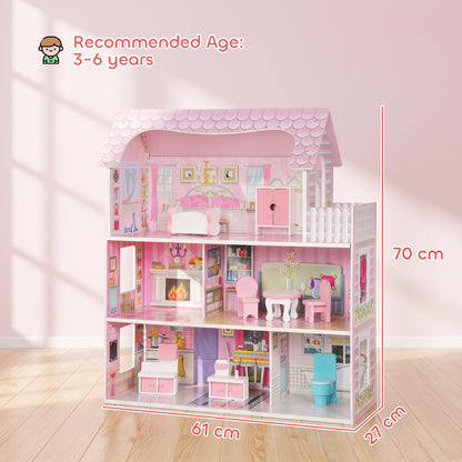 3-Storey Dolls' House with LED Lighting and 8 Furniture Pieces - Pink