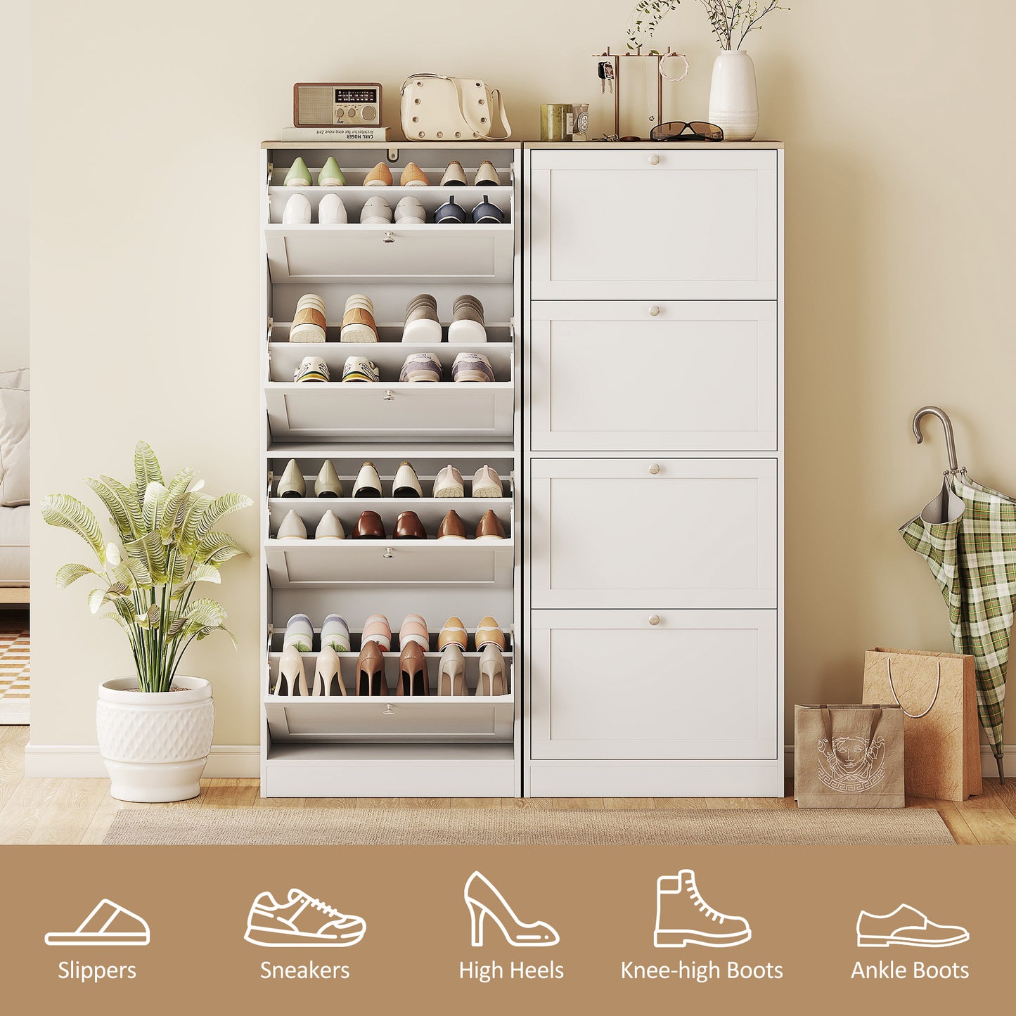 Narrow Shoe Cabinet with 4 Flip Drawers for 24 Pairs of Shoes White