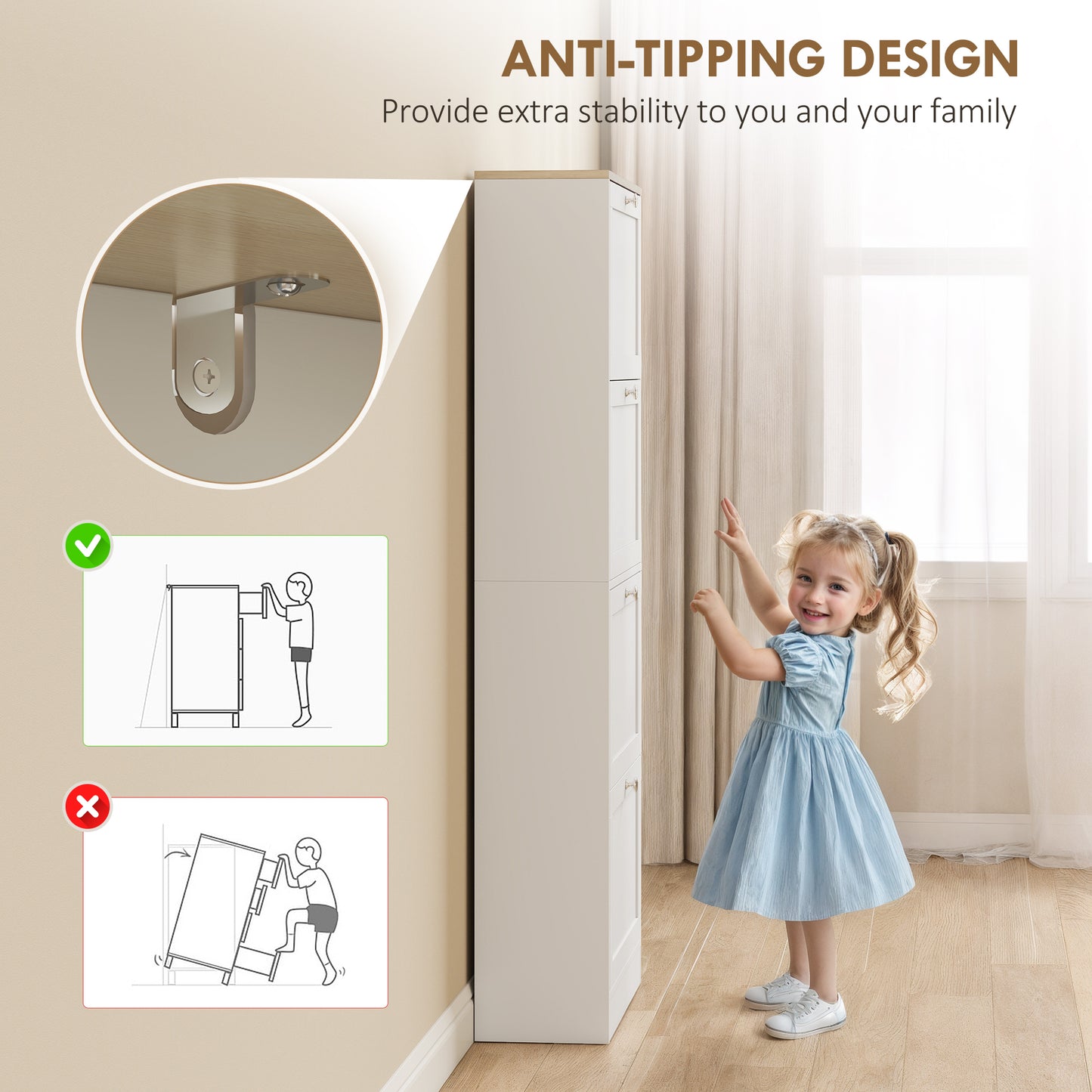 Narrow Shoe Cabinet with 4 Flip Drawers for 24 Pairs of Shoes White