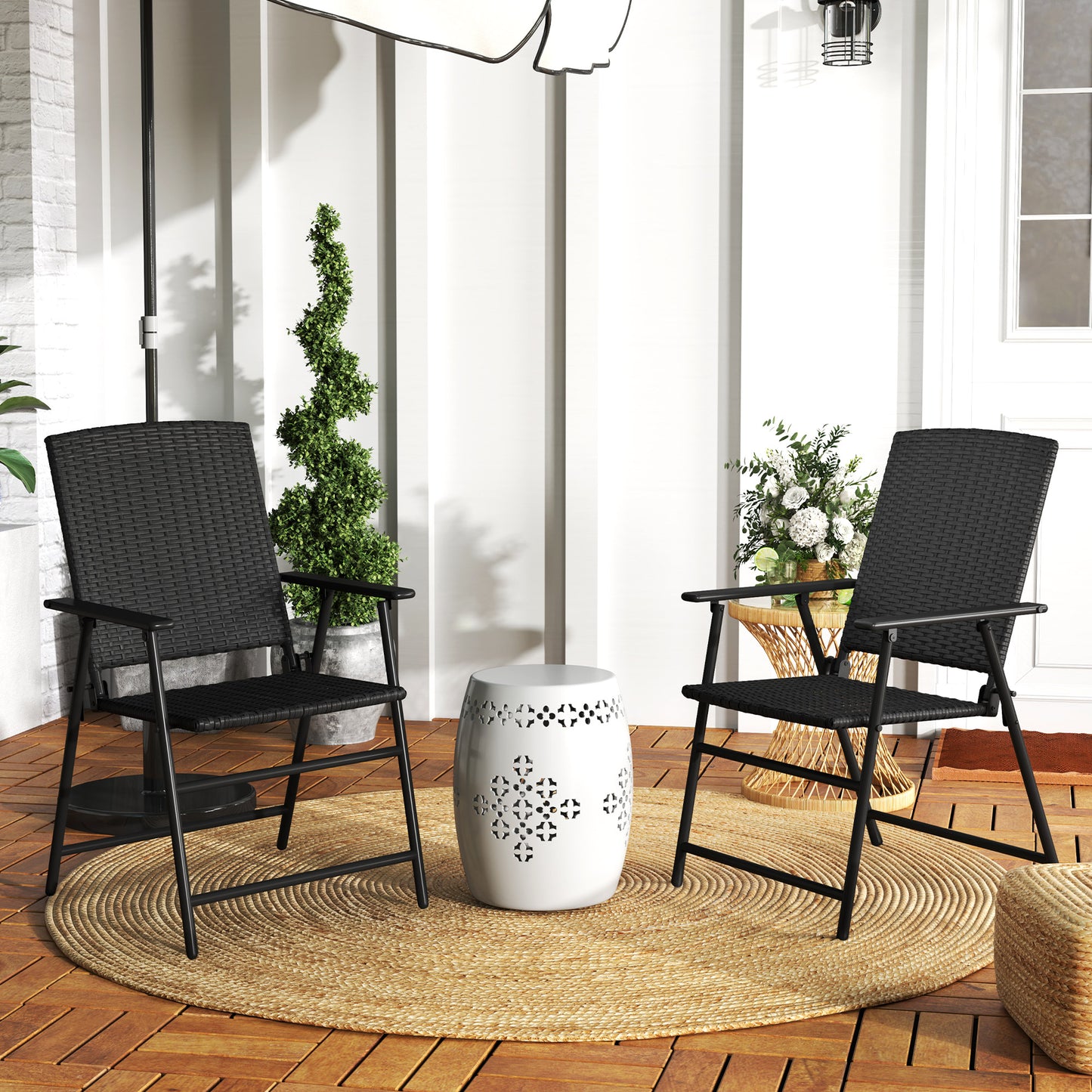 2pcs Rattan Chair Foldable Garden Furniture w/ Armrest Black