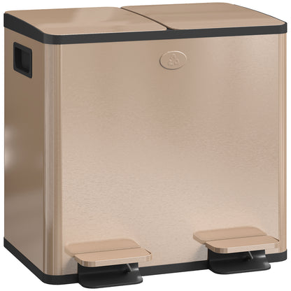 2 x 15L Dual Kitchen Bin Pedal Bin for Recycling and Waste, Gold Tone
