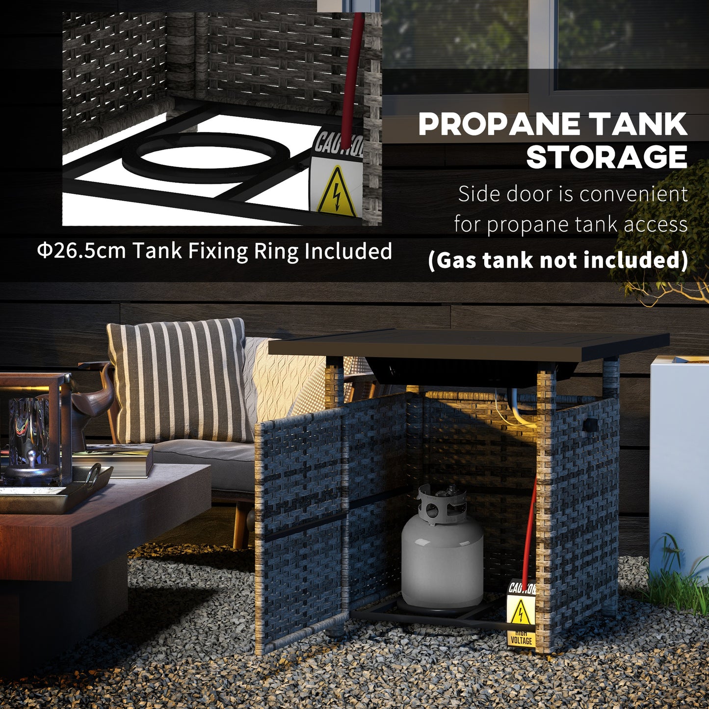 Outdoor PE Rattan Fire Pits for Garden, 50,000 BTU Propane Fire Pit Table with Glass Wind Guard, Mixed Grey