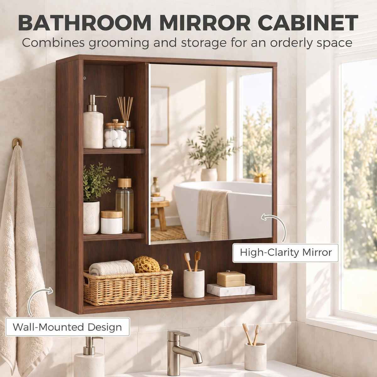 Wall-Mounted Bathroom Mirror Cabinet with Adjustable Shelves - Walnut Brown