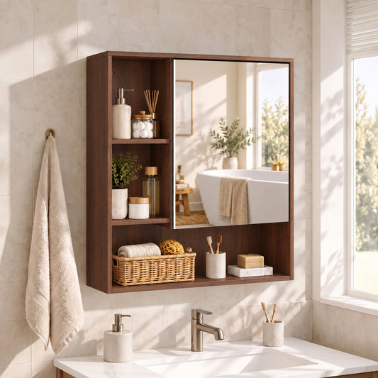 Wall-Mounted Bathroom Mirror Cabinet with Adjustable Shelves - Walnut Brown