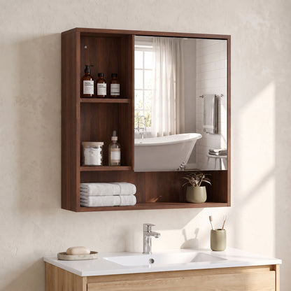 Wall-Mounted Bathroom Mirror Cabinet with Adjustable Shelves - Walnut Brown